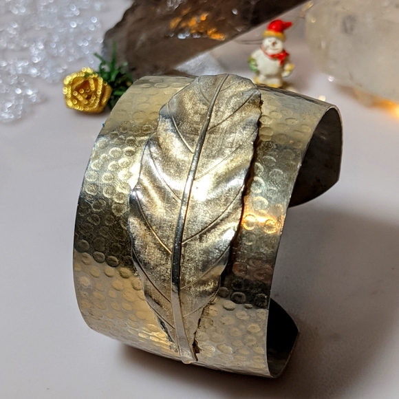 Wide Cuff, Hammered Brass Feather Bracelet - Picture 1 of 5